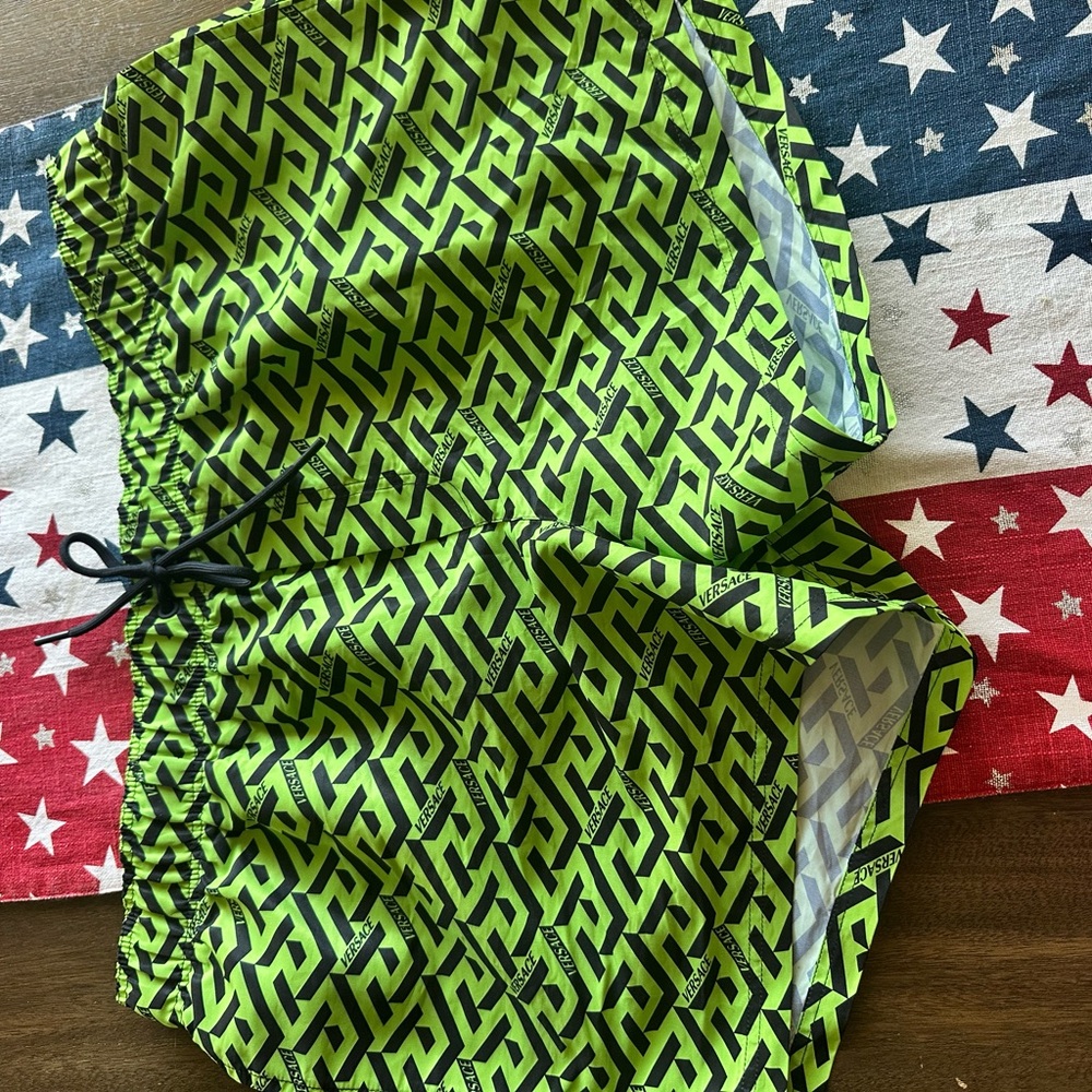 Versace Green and Black Athletic Shorts with Geometric Design